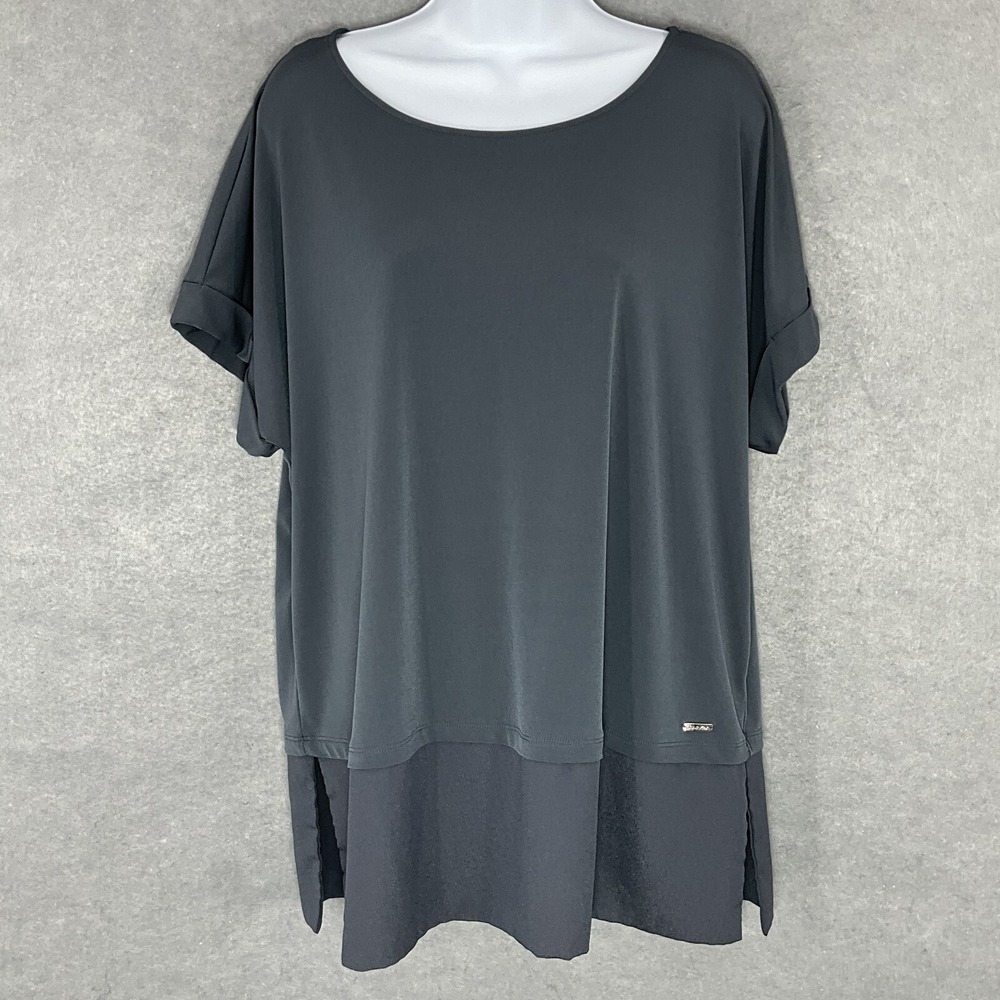 Calvin Klein Top Womens Sz L Gray Tiered Cuff Sleeve Slinky Slit Side Blouse